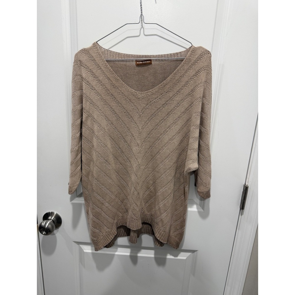 Made in Italy Womens V-Neck Sweater Chevron Pointelle Knit Taupe One Size